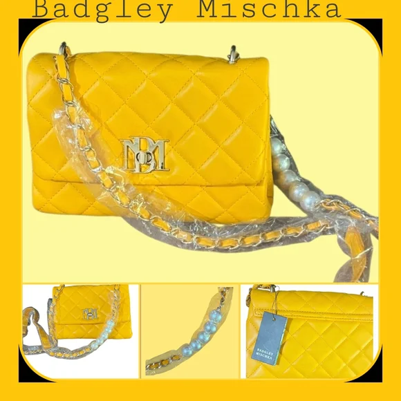 Badgley Mischka Quilted Yellow Shoulder Bag, 8"L x 6"H x 2", Chain Strap, NEW - Picture 2 of 9